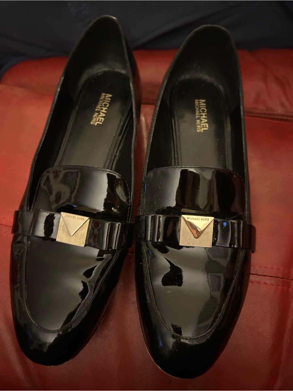 MICHAEL Michael Kors Black Patent Loafers with Gold Plaque